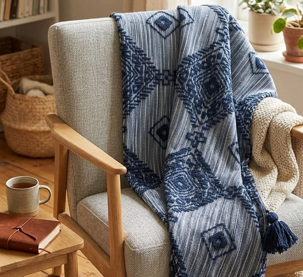 Hand-Woven Geometric Tufted Throw Blanket Tassels (50x60)